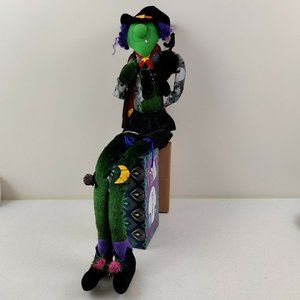 Witch Shelf Sitter Large 34" Hanging Leg Dressed to Kill Holding Fabric Cat